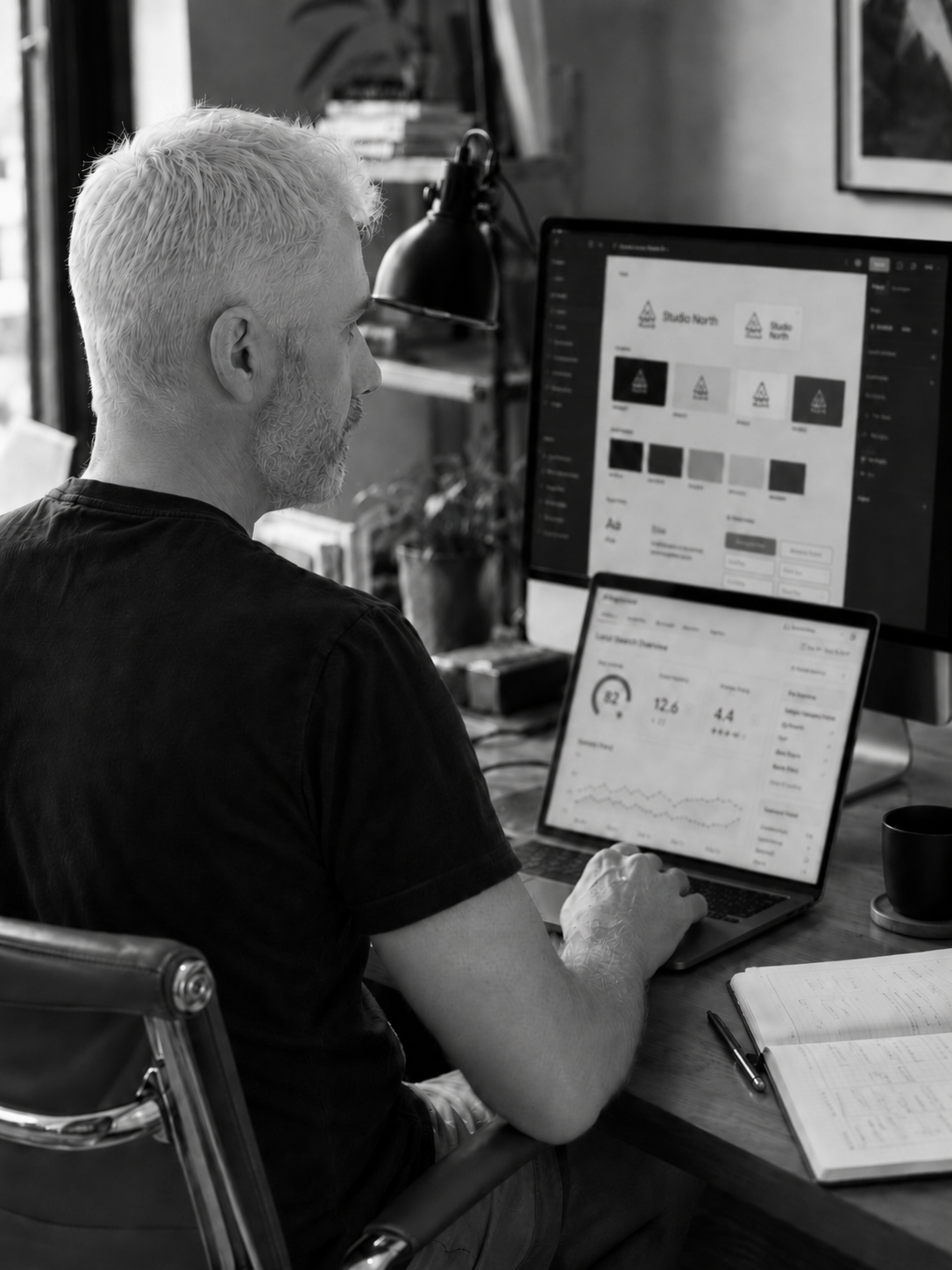 Gareth Parsons reviewing digital work at a desk